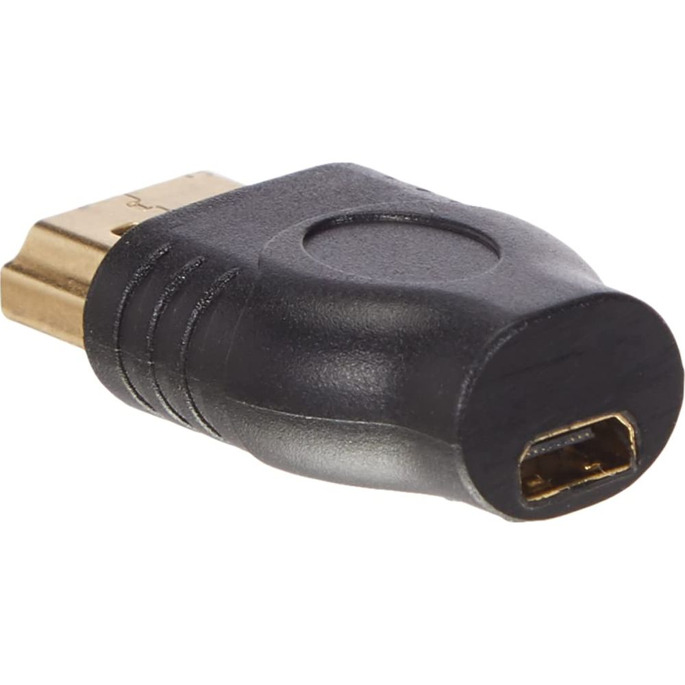 Un adattatore HDMI nero con connettori dorati, che converte un segnale HDMI standard in mini HDMI.