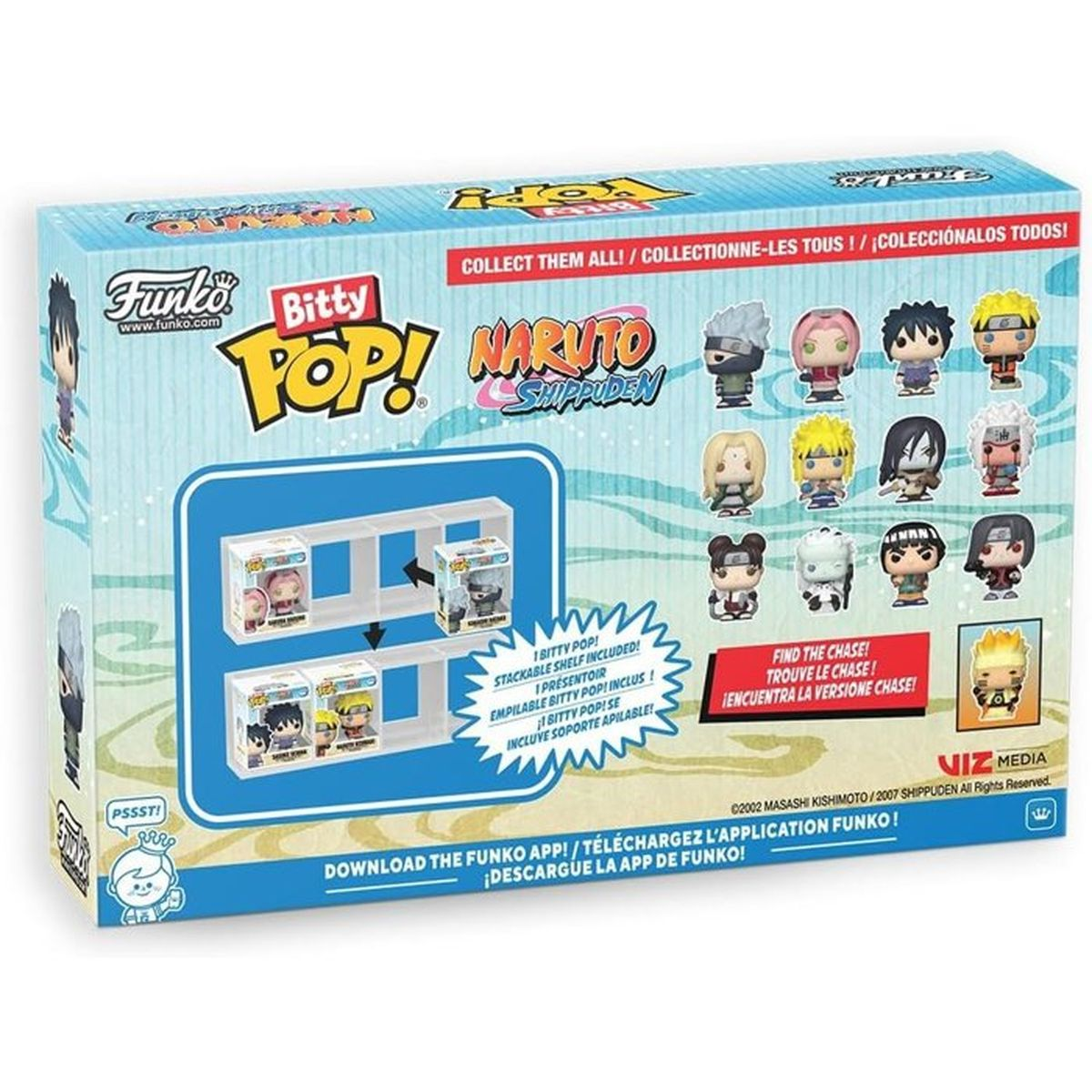 Caja Funko Bitty Pop! Naruto Shippuden con figuras y estante. Texto multilingüe.