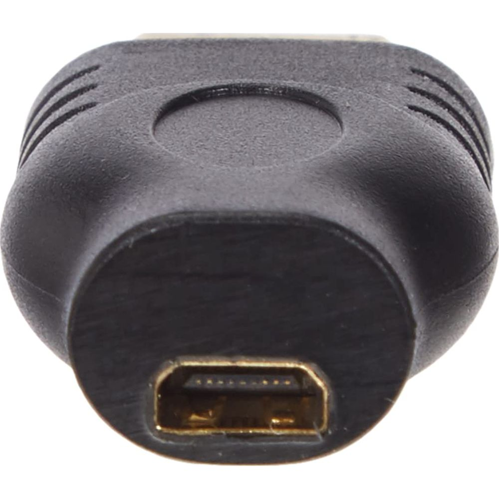 Un adattatore HDMI nero con porta mini HDMI dorata.