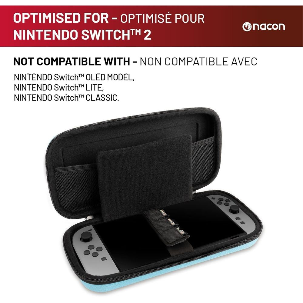 Funda abierta cyan de Nintendo Switch con consola dentro. Dice optimizada para Switch 2.