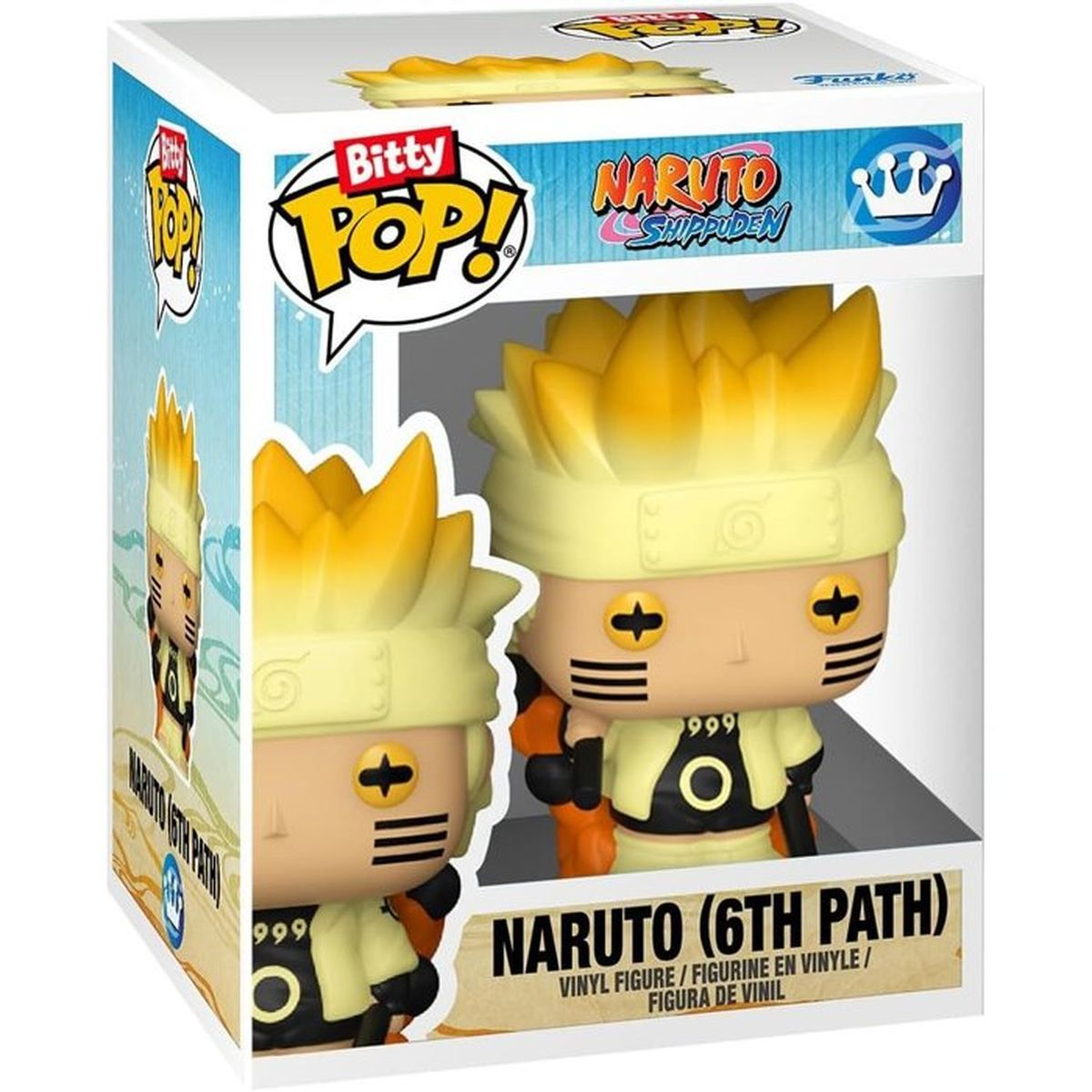 Figura Funko Pop de Naruto (6º Camino) en caja, pelo amarillo, ropa naranja.