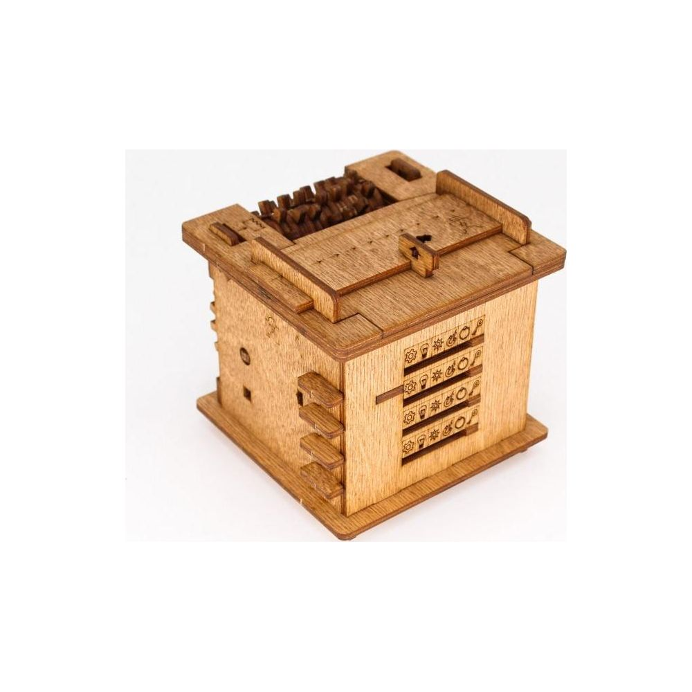 Ein hölzerner Puzzle-Kasten mit Zahnrädern auf dem Deckel und Symbolen an der Seite.