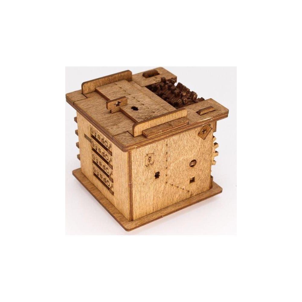 Ein hölzernes 3D-Puzzle in Form einer Truhe mit Zahnrädern und Symbolen.