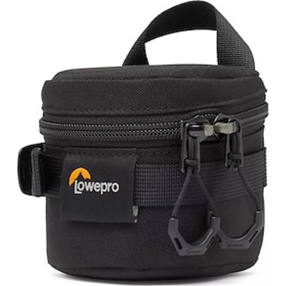 Borsa fotografica nera con cerniera e logo Lowepro. Due ganci sul davanti.