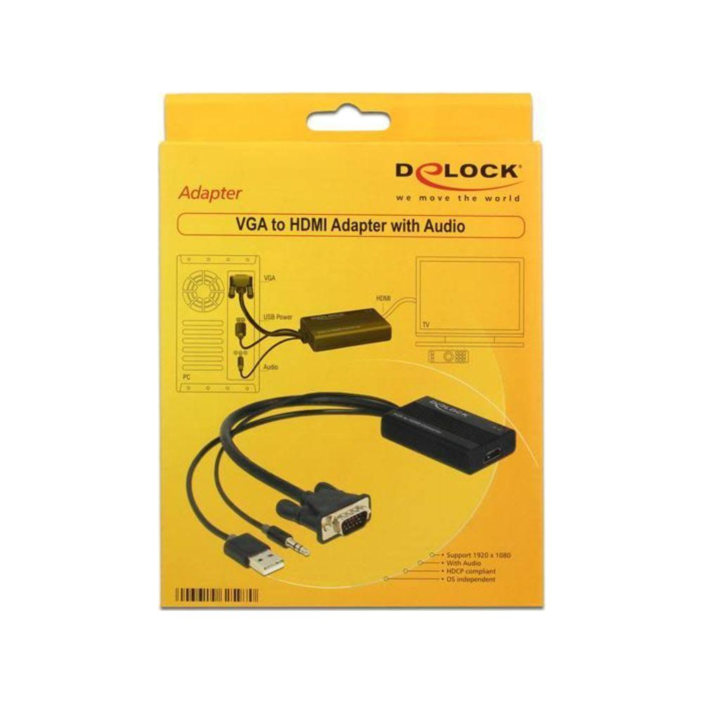 Embalaje adaptador Delock VGA a HDMI con audio. Muestra diagrama de conexión.