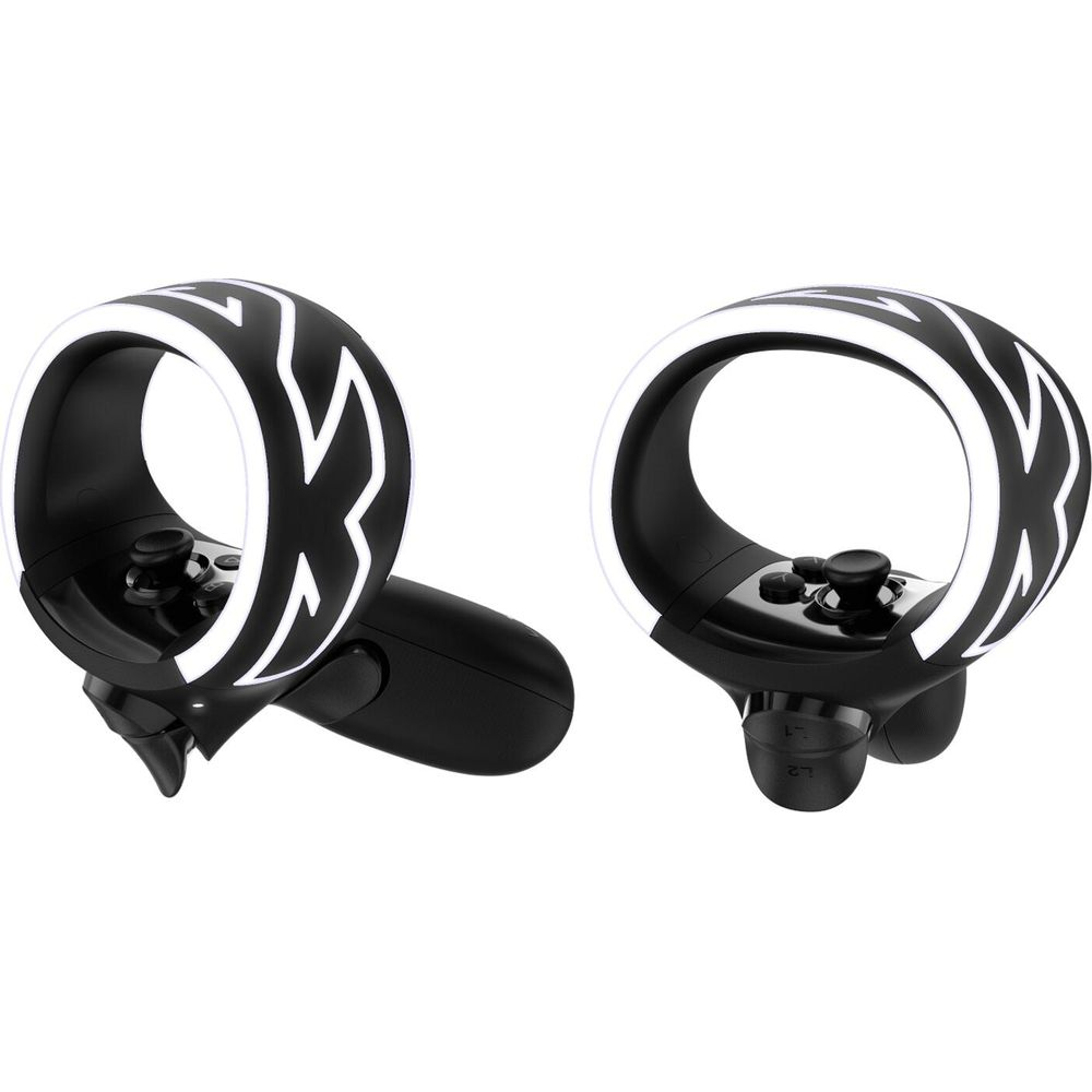 Zwei schwarze VR-Controller mit weißer Beleuchtung und schwarzen Knöpfen.