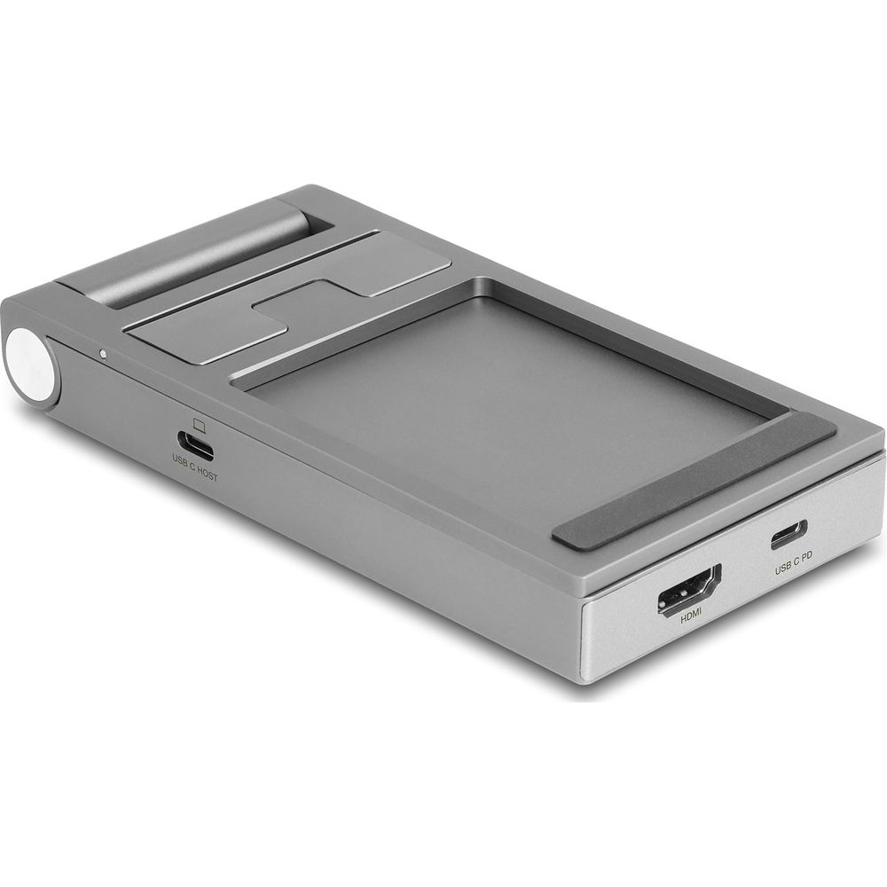 Hub USB-C grigio con porte HDMI, USB-C PD e USB-C Host.