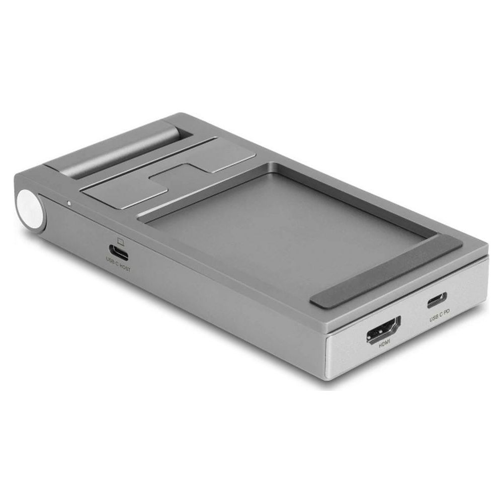 Hub USB-C grigio con porte HDMI e USB-C PD.