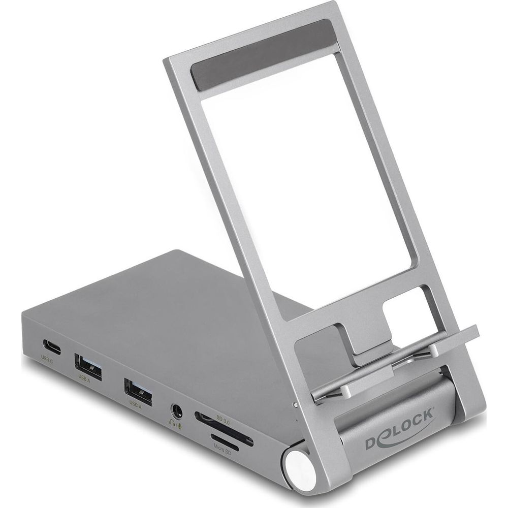 Un supporto argentato con USB-C, USB-A, slot per schede SD e jack per cuffie.