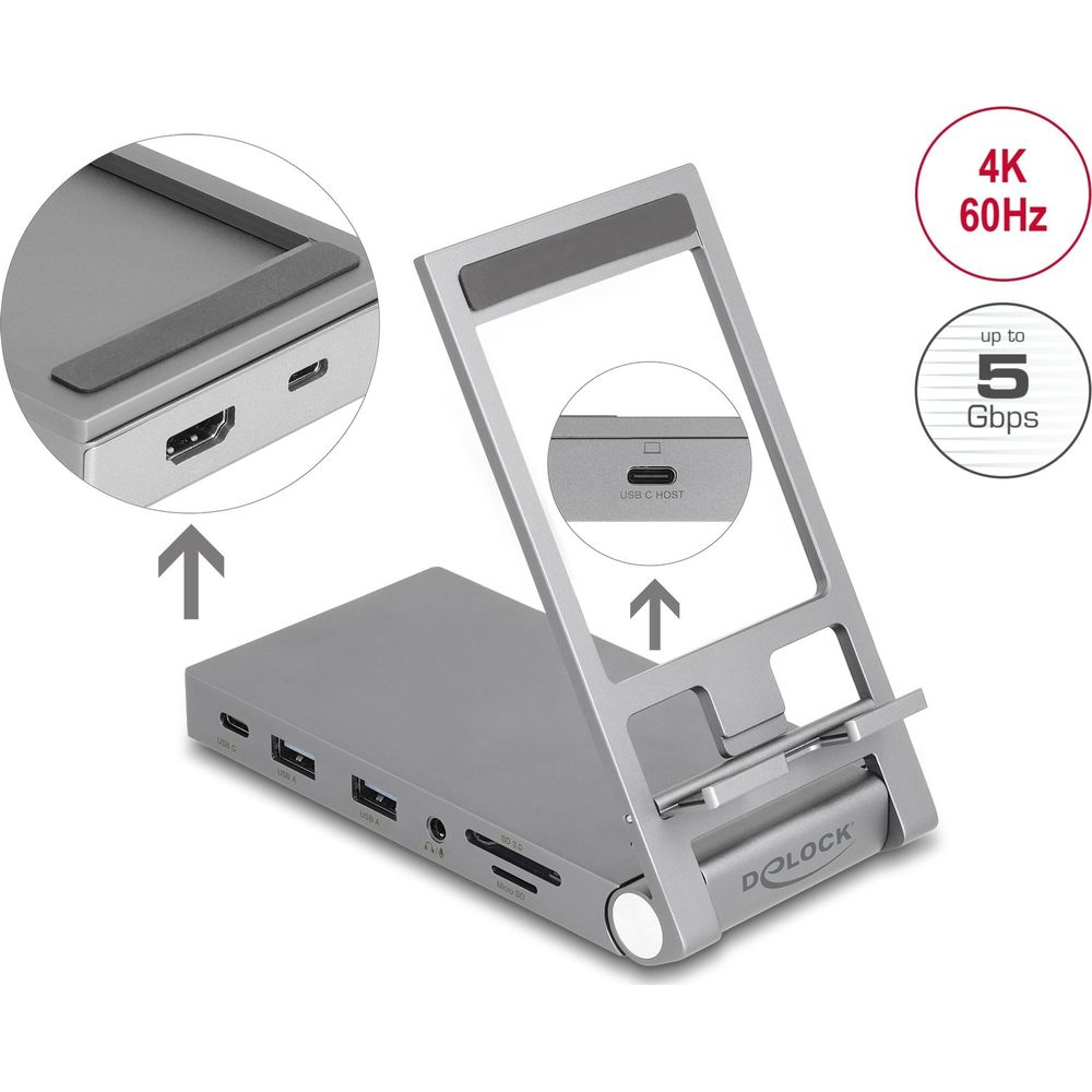 Hub USB-C argentato con porte, lettore di schede SD e supporto.