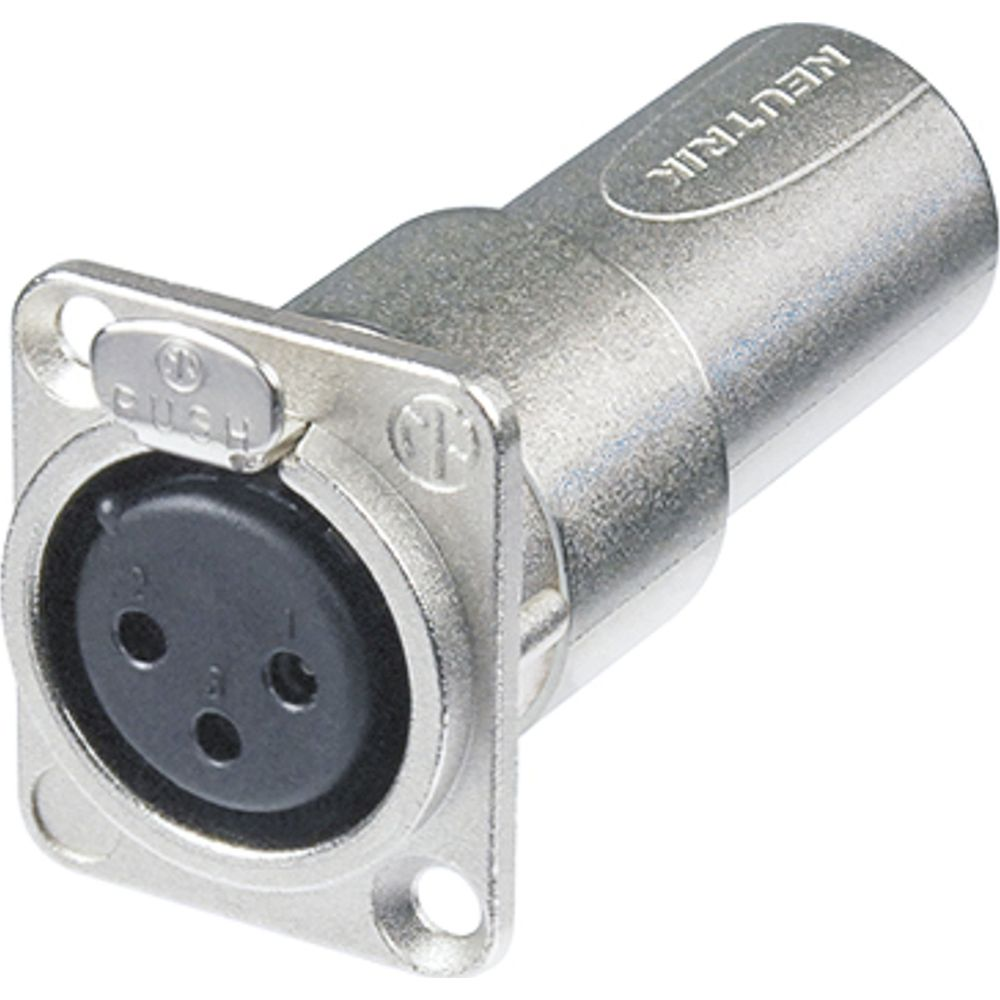 Connettore XLR Neutrik argentato con presa nera e tre fori.