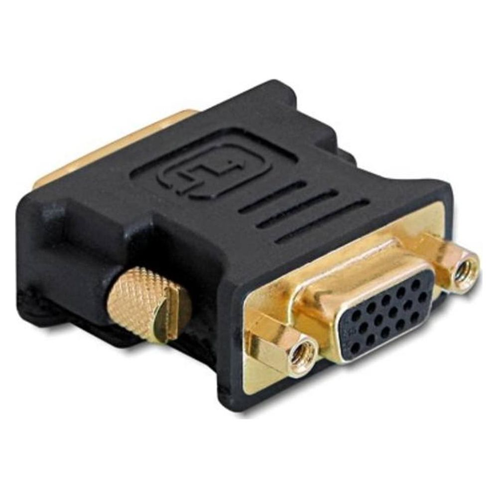 Czarny adapter DVI na VGA ze złotymi złączami i śrubami radełkowanymi.