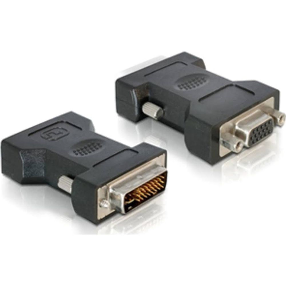 Dwa czarne adaptery DVI na VGA leżą obok siebie na białym tle.