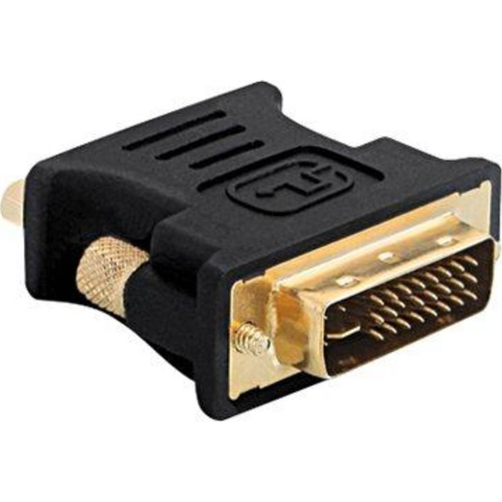 Czarny adapter DVI na HDMI ze złotymi stykami i śrubami radełkowanymi.