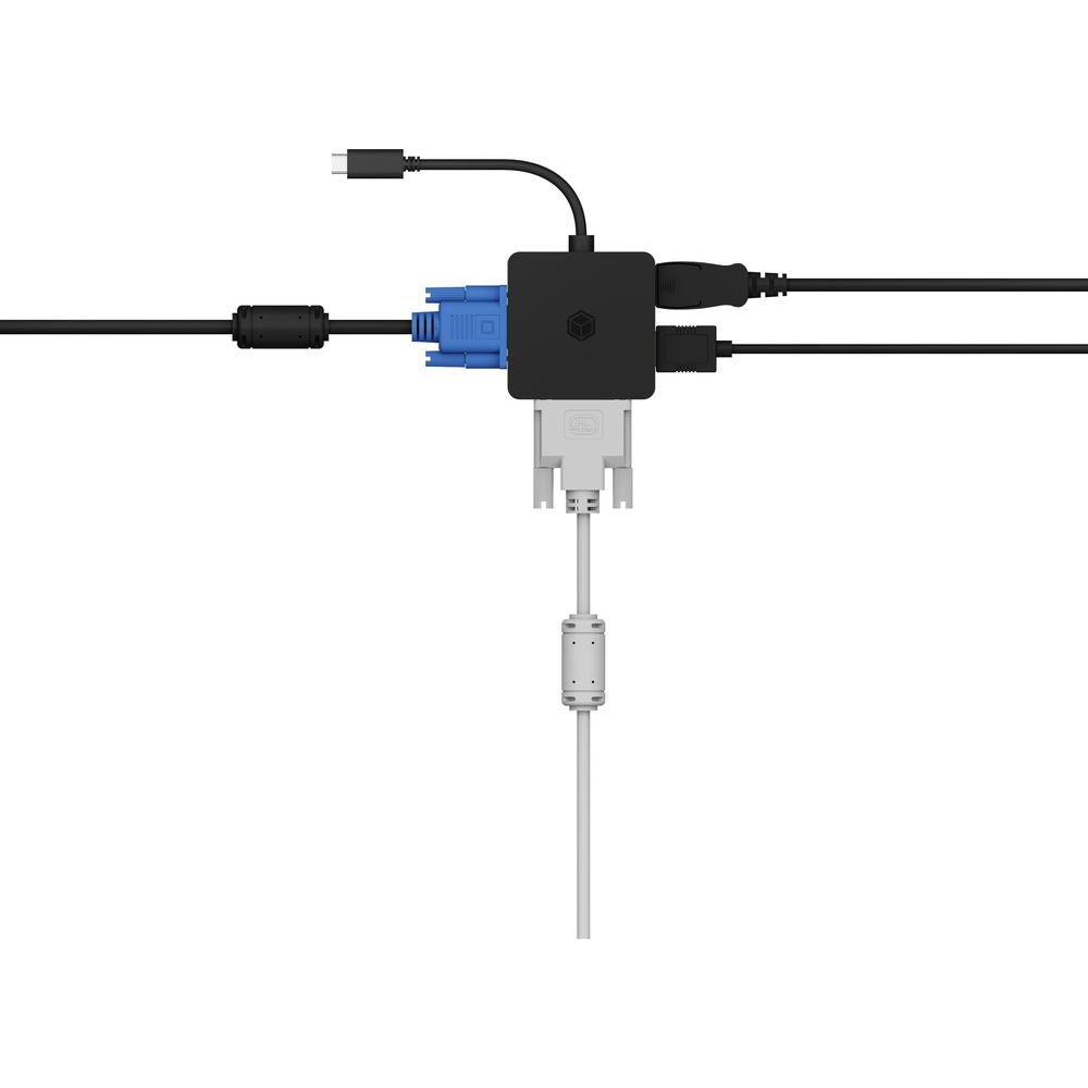 Czarny adapter wieloportowy z kablami USB-C, VGA i HDMI.