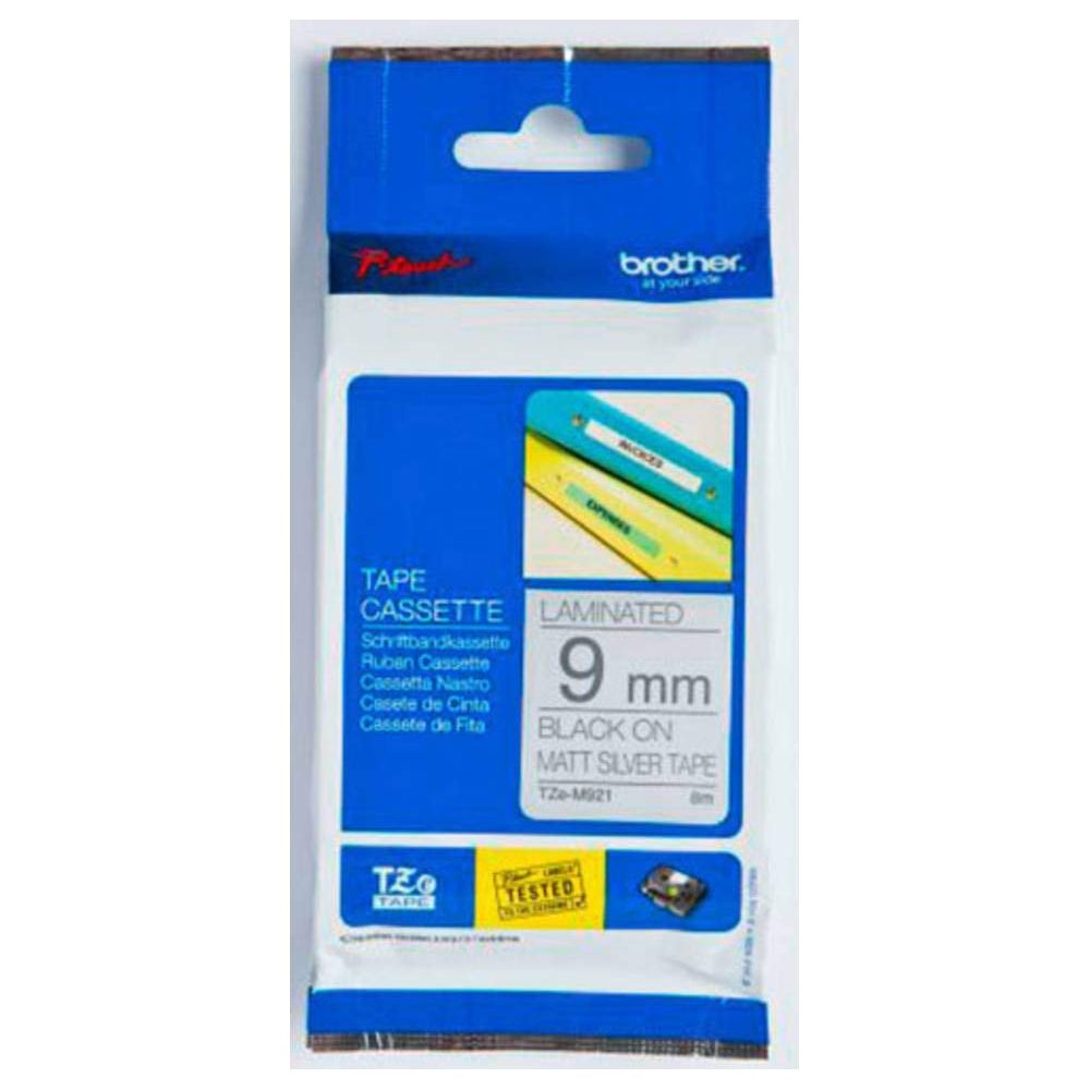 Verpackung für eine 9mm schwarze/silberne Tze-Kassette von Brother.