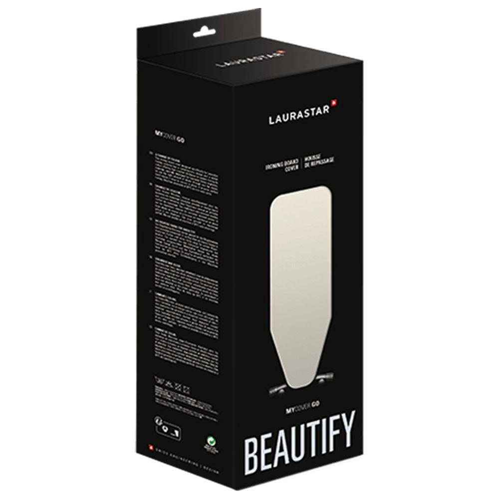 Schwarze Box mit LAURASTAR-Logo und Bügelbrett-Abbildung. Text: BEUTIFY.