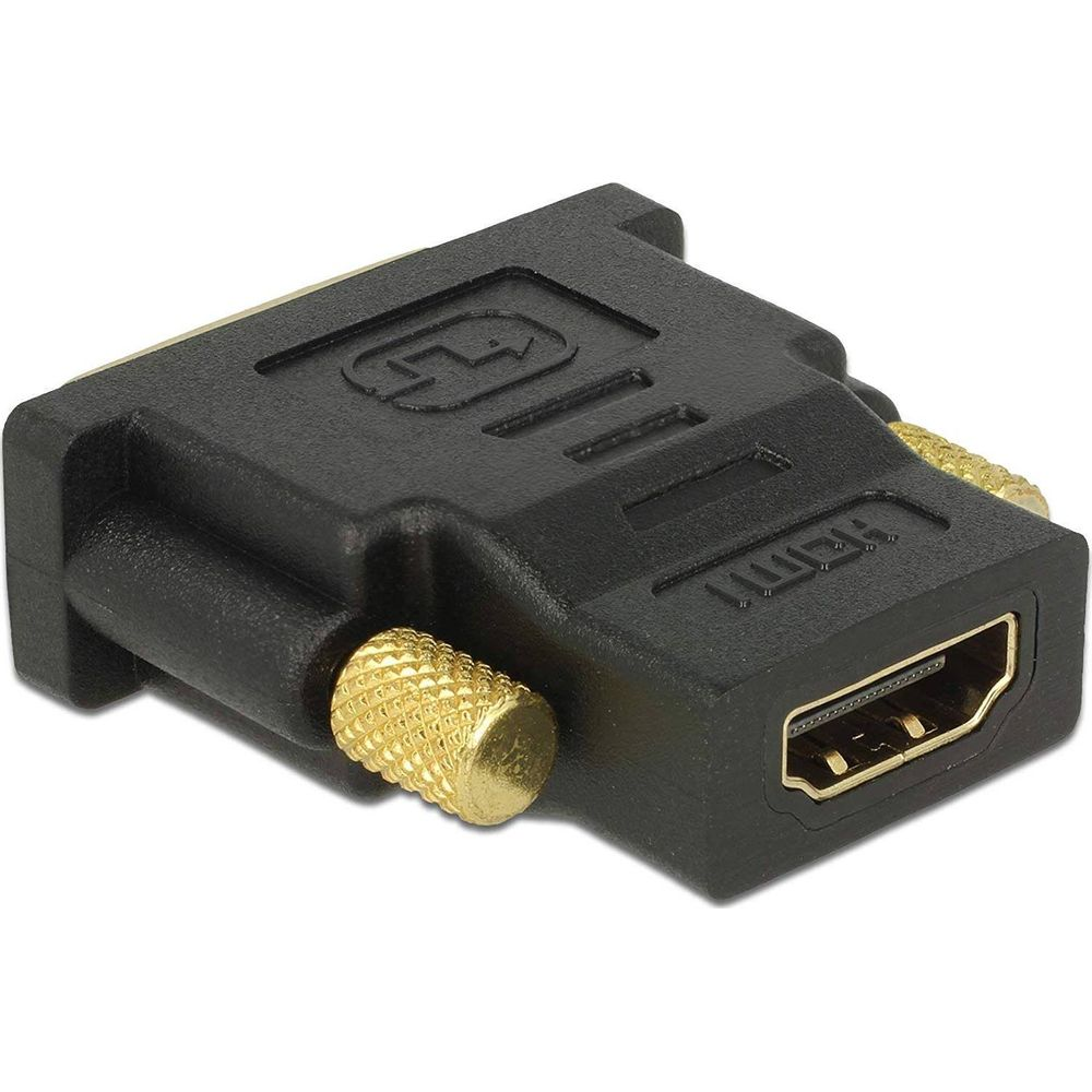 Adattatore DVI a HDMI nero con viti dorate e porta HDMI.