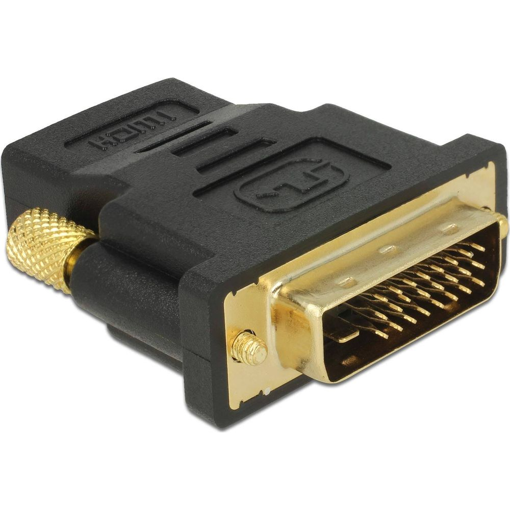 Adattatore DVI a HDMI nero con connettori placcati oro e vite zigrinata.
