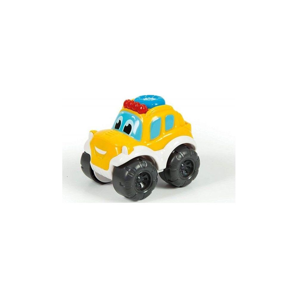 Ein gelbes Spielzeugauto mit weißen Akzenten und großen schwarzen Rädern.