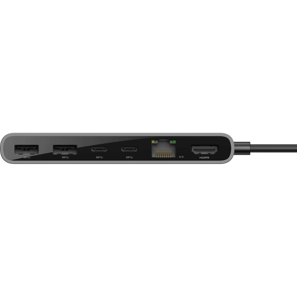 Grauer USB-C-Hub mit HDMI, Ethernet und mehreren USB-Ports.