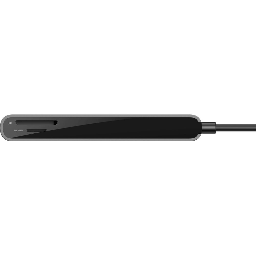 Ein schwarzer Kartenleser mit SD- und Micro-SD-Steckplätzen und einem Kabel.