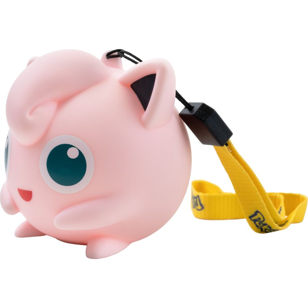 Figura rosa de Jigglypuff con cordón amarillo con logo de Pokémon.