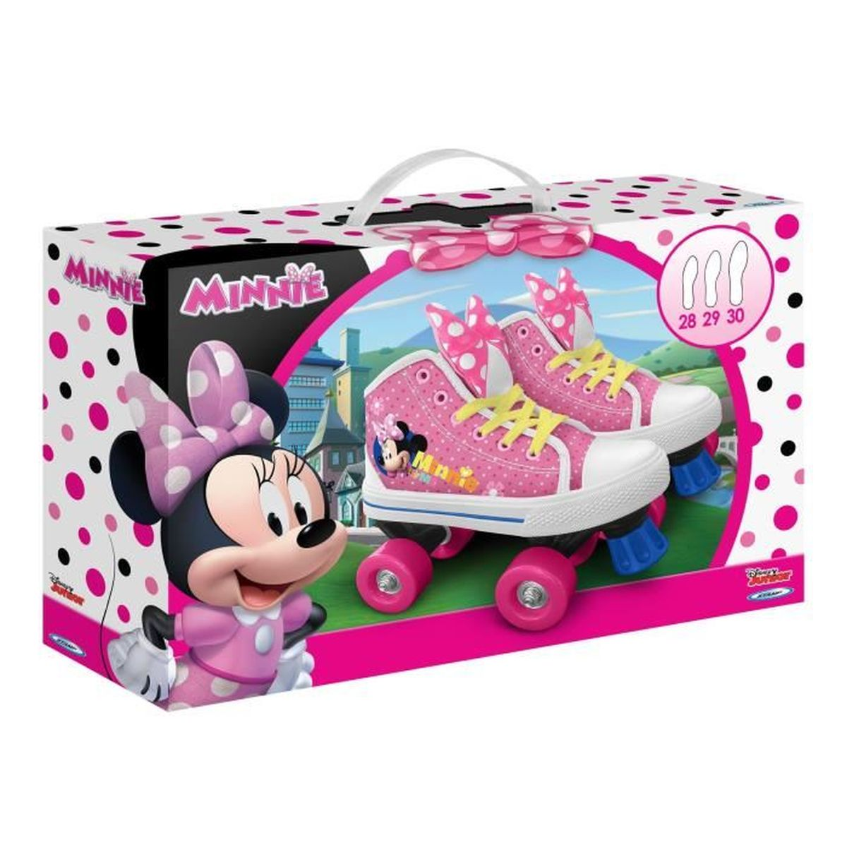 Minnie Maus Rollschuhe auf Kartonverpackung mit pinken Punkten.