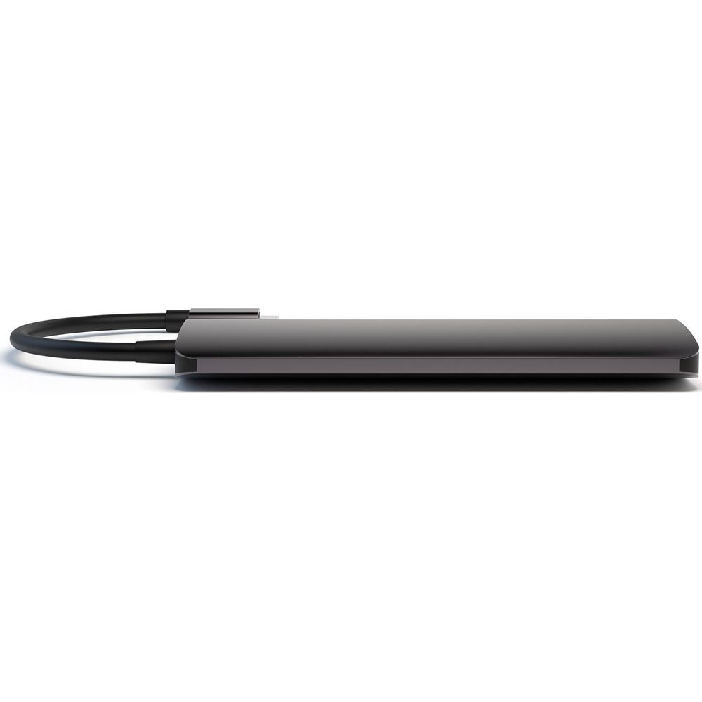 Ein dunkler, schlanker USB-C-Hub mit einem Kabel, das sich in einer U-Form biegt.
