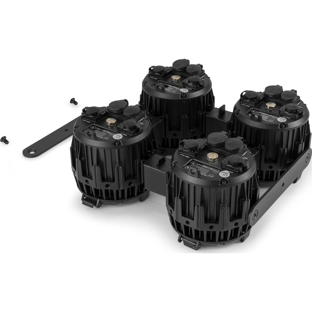 Cuatro luces cilíndricas negras están montadas en un soporte negro.
