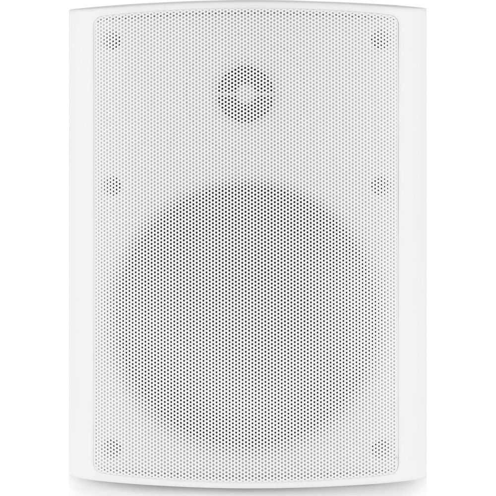 Altavoz blanco con frontal perforado y altavoz circular pequeño arriba.