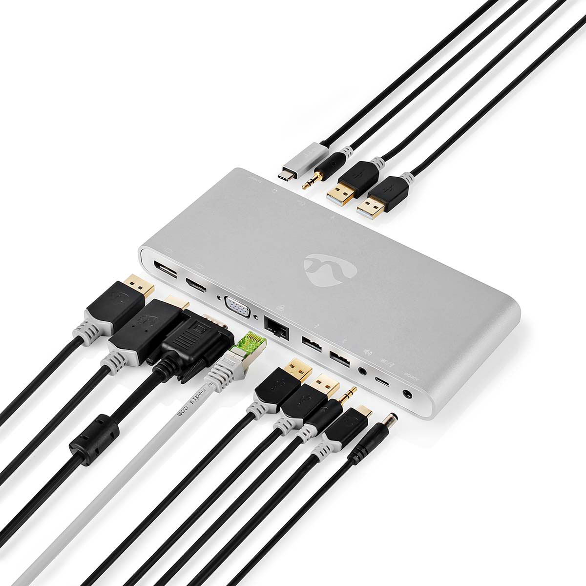 Ein silberner Docking-Hub mit vielen Kabeln, HDMI, USB und Ethernet.