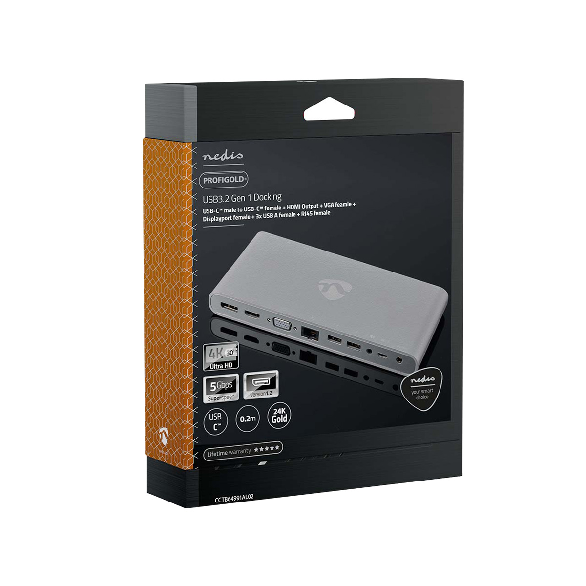 Nedis USB 3.2 Gen 1 Dockingstation mit verschiedenen Anschlüssen auf schwarzem Karton.