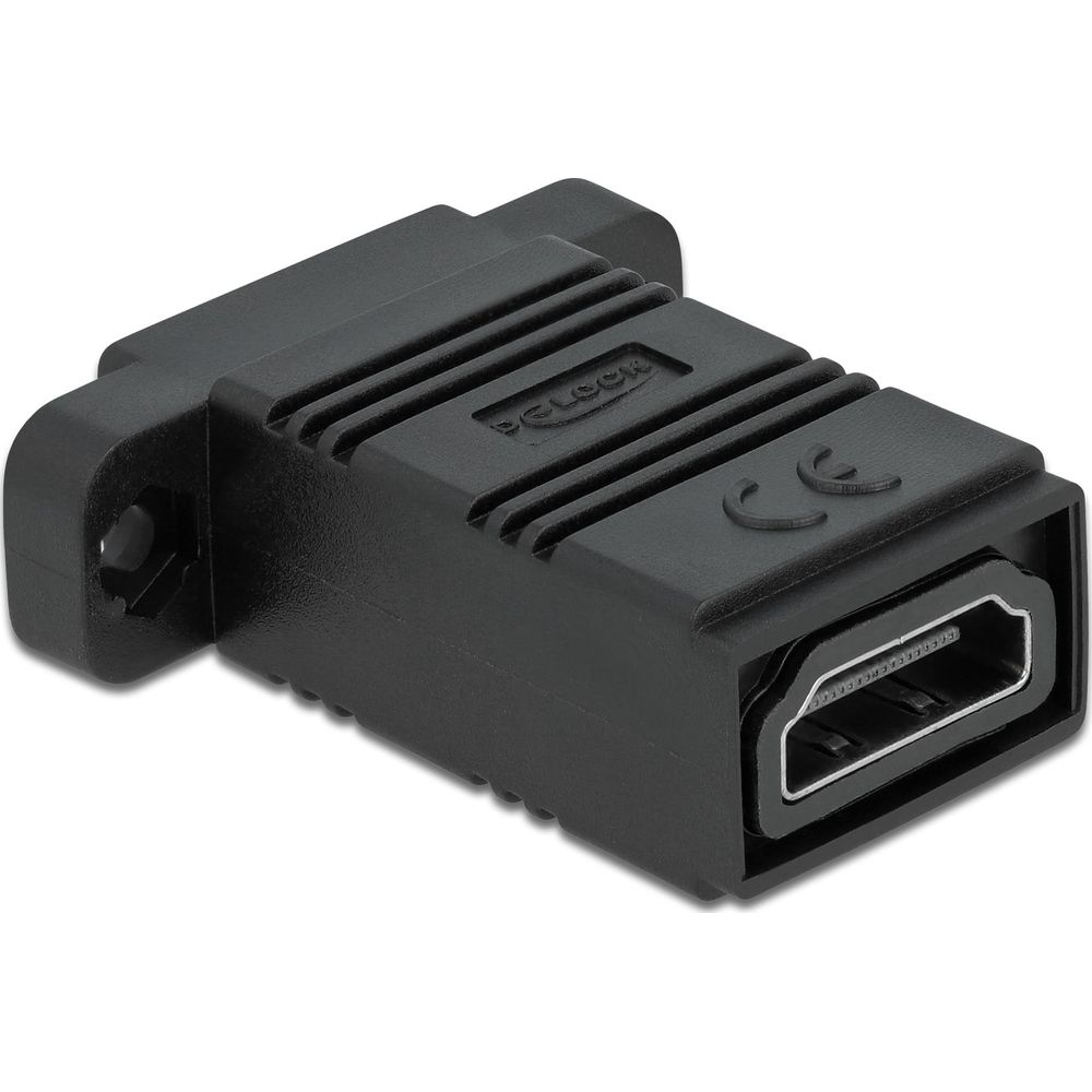 Adattatore da HDMI a VGA nero con lati scanalati e marchio CE.