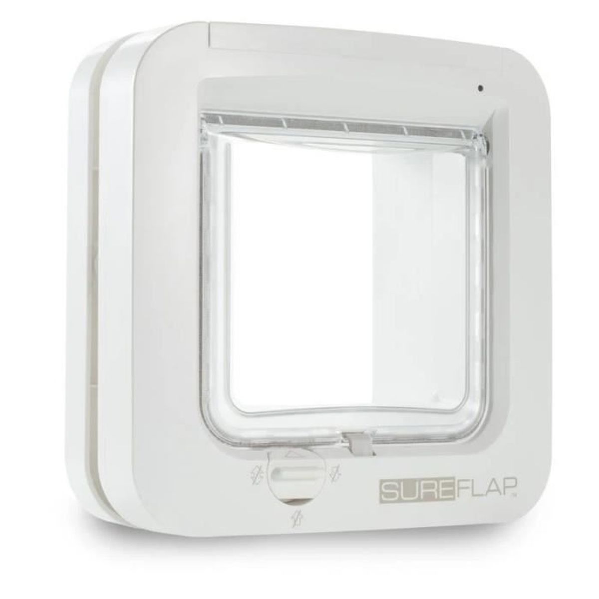 Ein weißer Haustierklappen-Türrahmen mit durchsichtiger Klappe und SureFlap-Logo.
