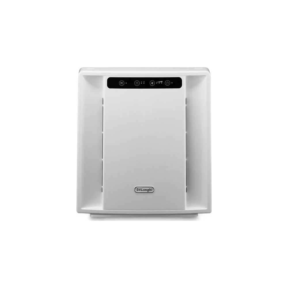 Ein weißer Luftreiniger mit Bedienfeld und DeLonghi-Logo.