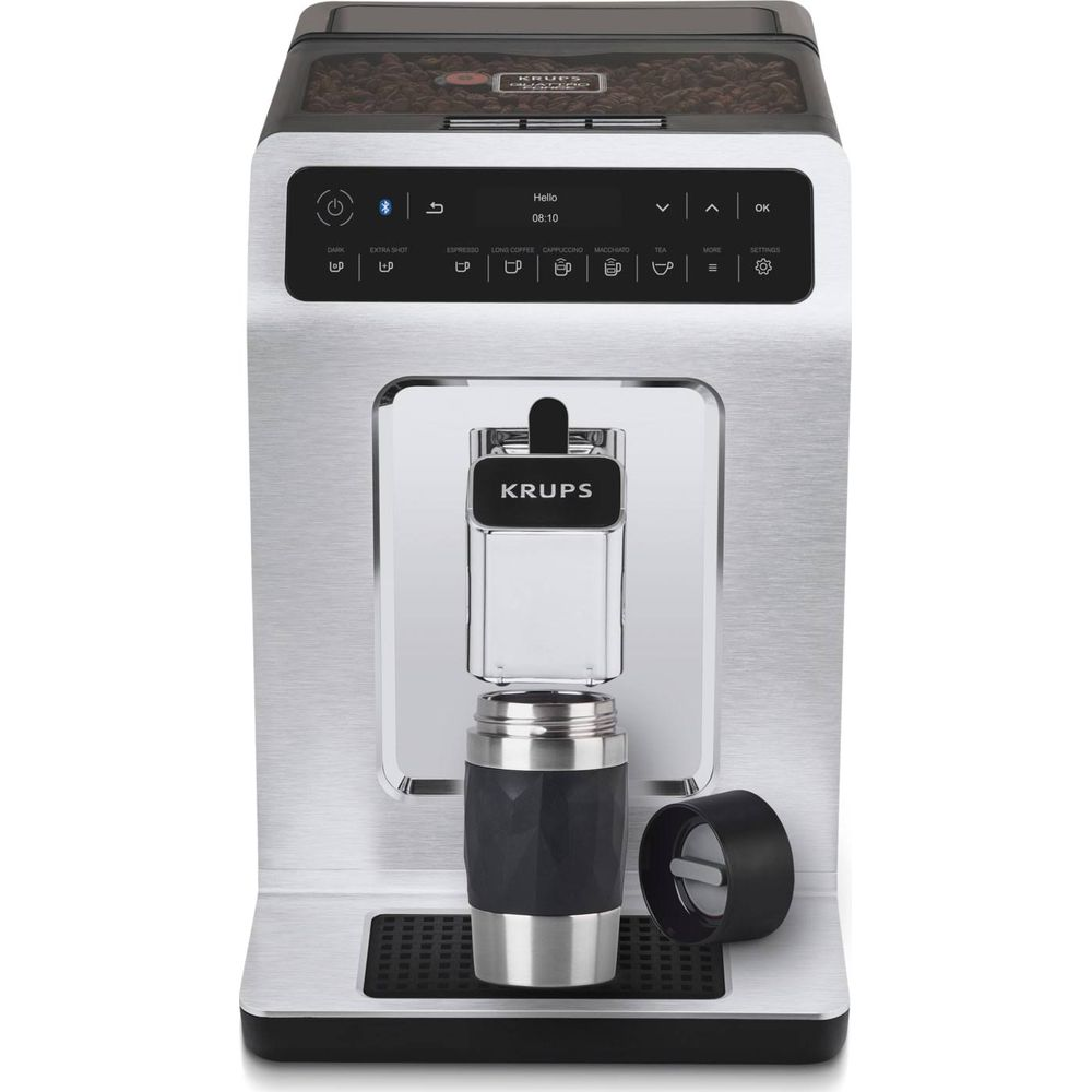 Krups Kaffeevollautomat mit Bohnenbehälter oben, Touchscreen und Tassenausgabe.