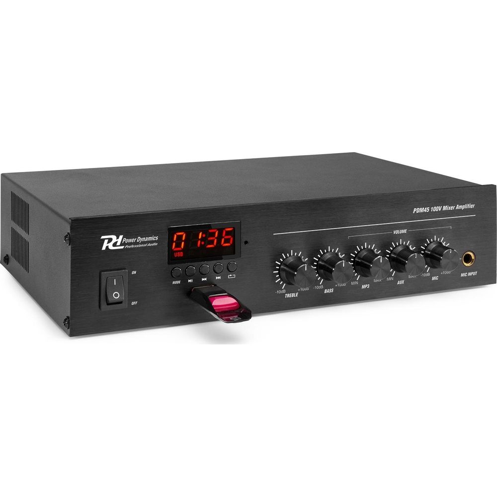 Amplificador mezclador negro con pantalla digital, perillas para volumen, agudos, graves, MP3, auxiliar, micro.