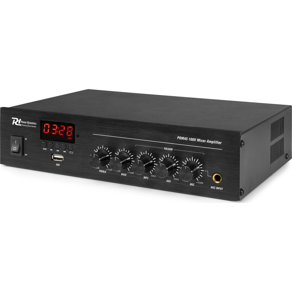 Amplificador mezclador negro con pantalla digital, controles de volumen, graves, agudos y micro.