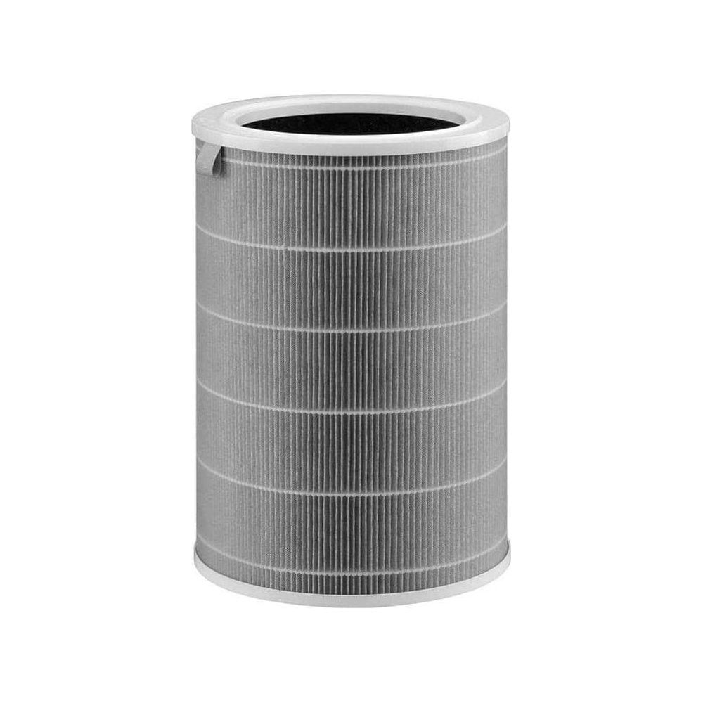 Un filtro aria HEPA cilindrico con materiale plissettato grigio e parti superiore e inferiore bianche.