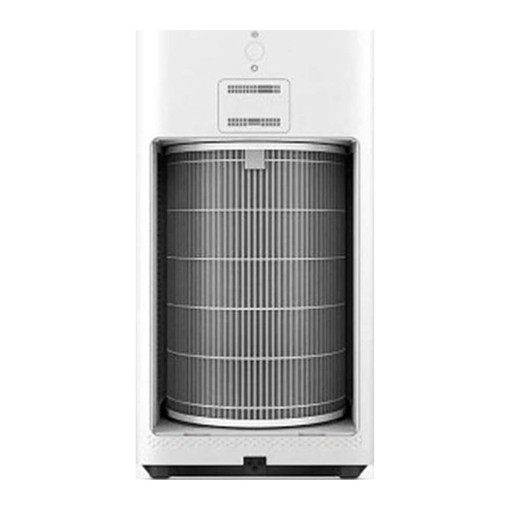 Un purificatore d'aria bianco con un filtro cilindrico all'interno.