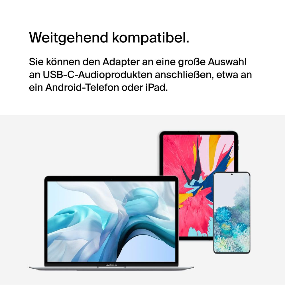 MacBook Air, tablette et smartphone avec écrans colorés. Compatible USB-C.