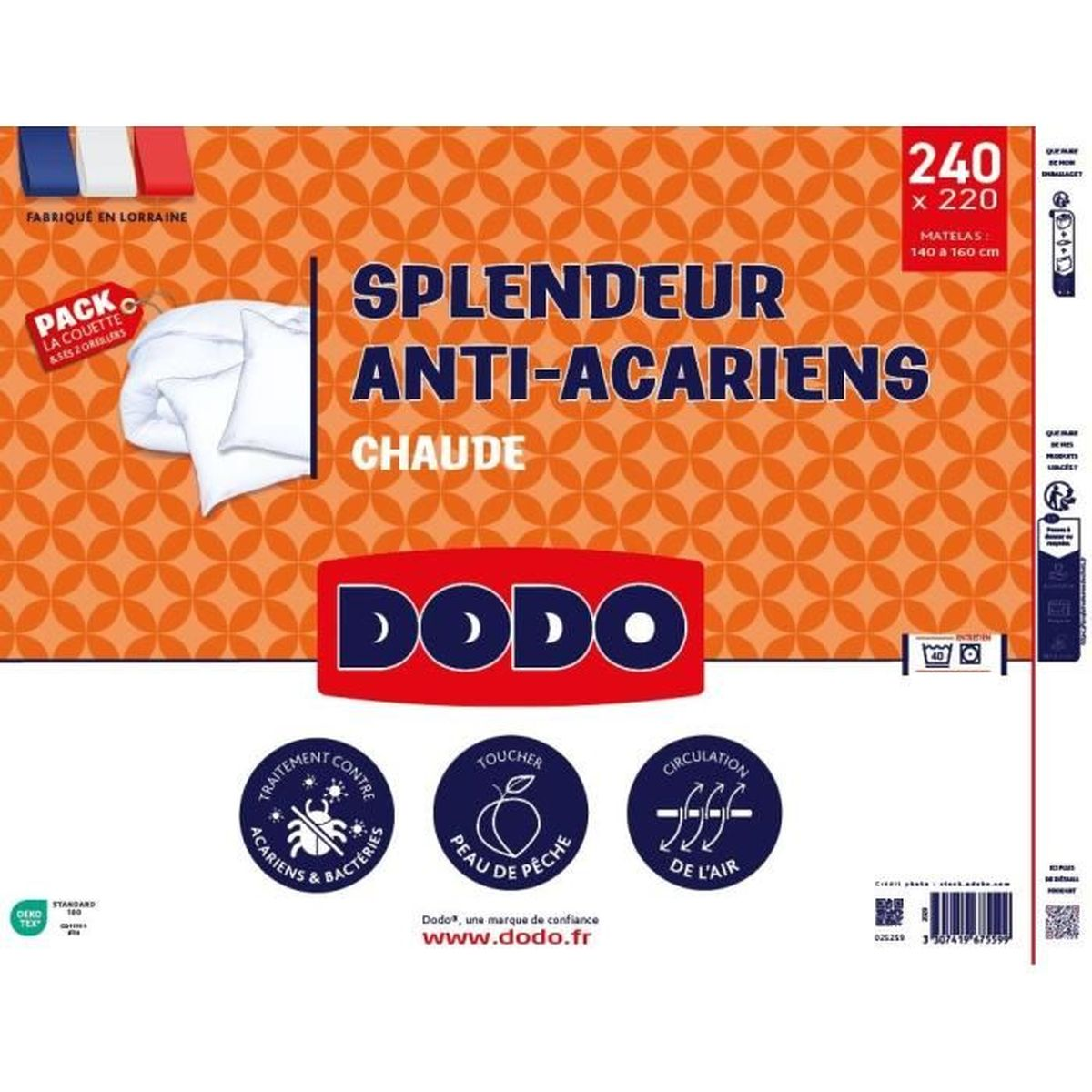 Verpackung für eine Decke der Marke Dodo mit Muster und Produktinformationen.