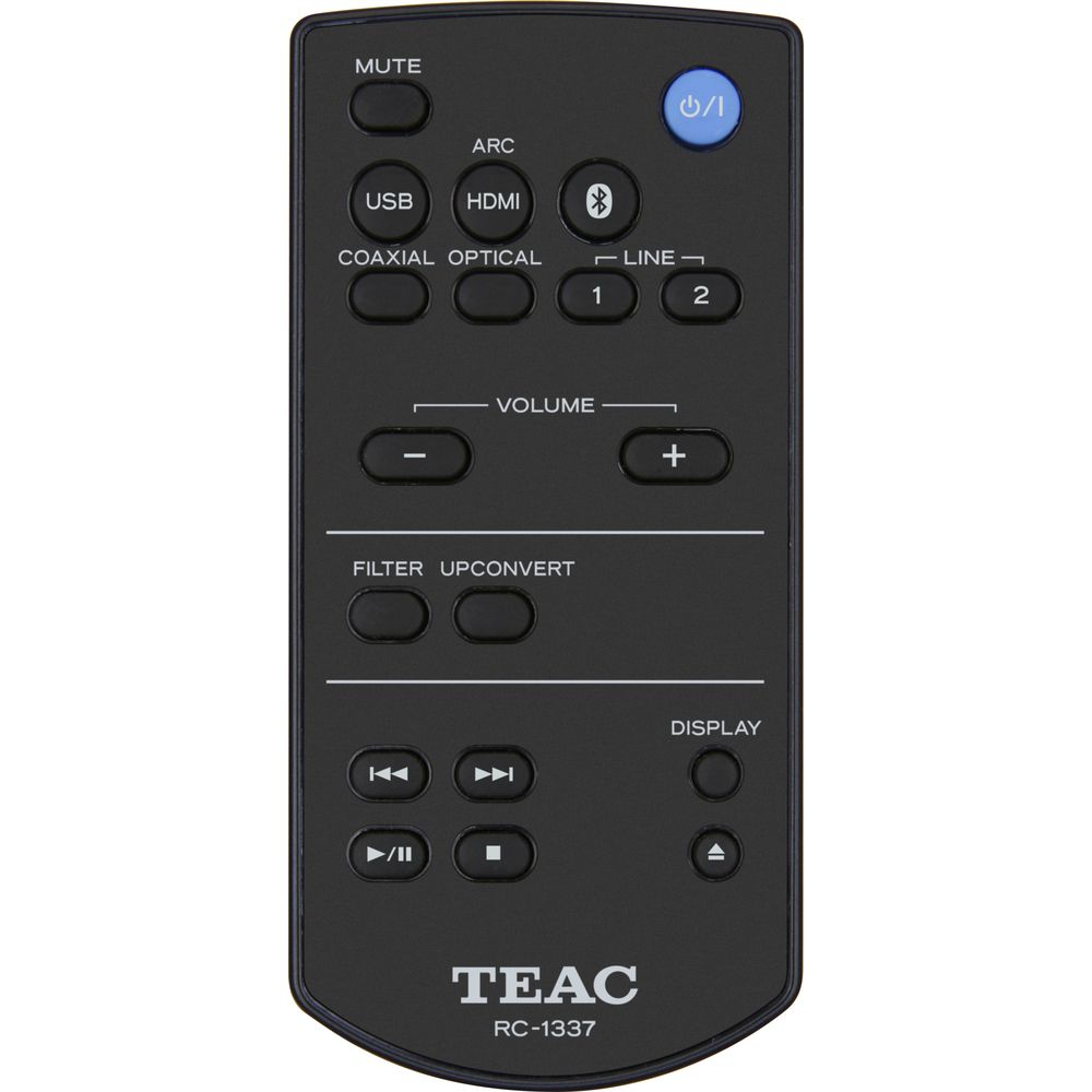 Schwarzer TEAC RC-1337 Fernbedienung mit Knöpfen für Mute, USB, HDMI, Lautstärke und mehr.