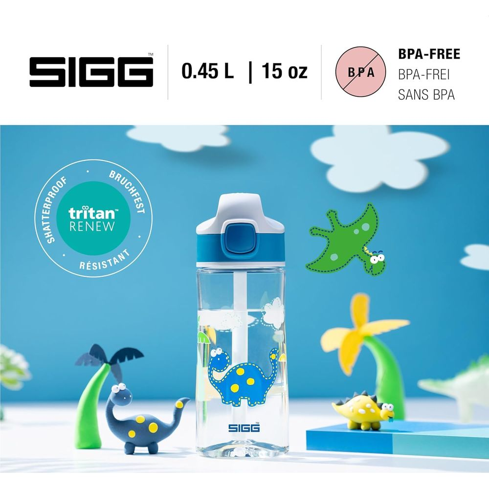 Sigg Kinderflasche mit Dinosaurier-Motiv, BPA-frei, 0,45 L, blau und gelb.