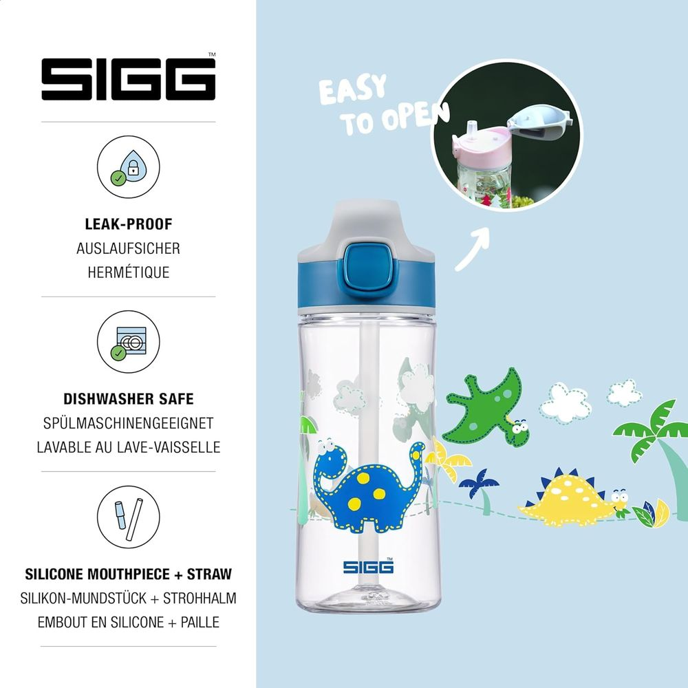 Eine transparente SIGG-Flasche mit Dinosaurier-Motiv und blauem Deckel.