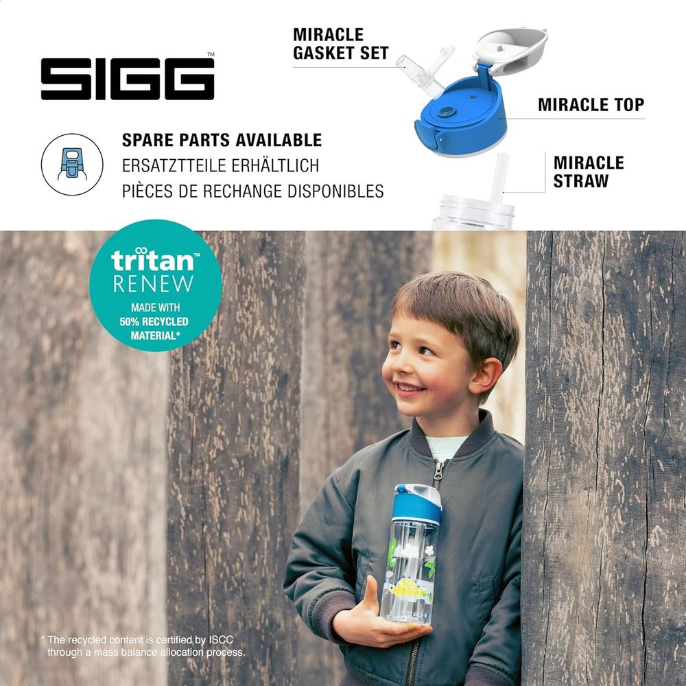 Junge hält eine SIGG Tritan Renew Trinkflasche vor Holzstämmen.