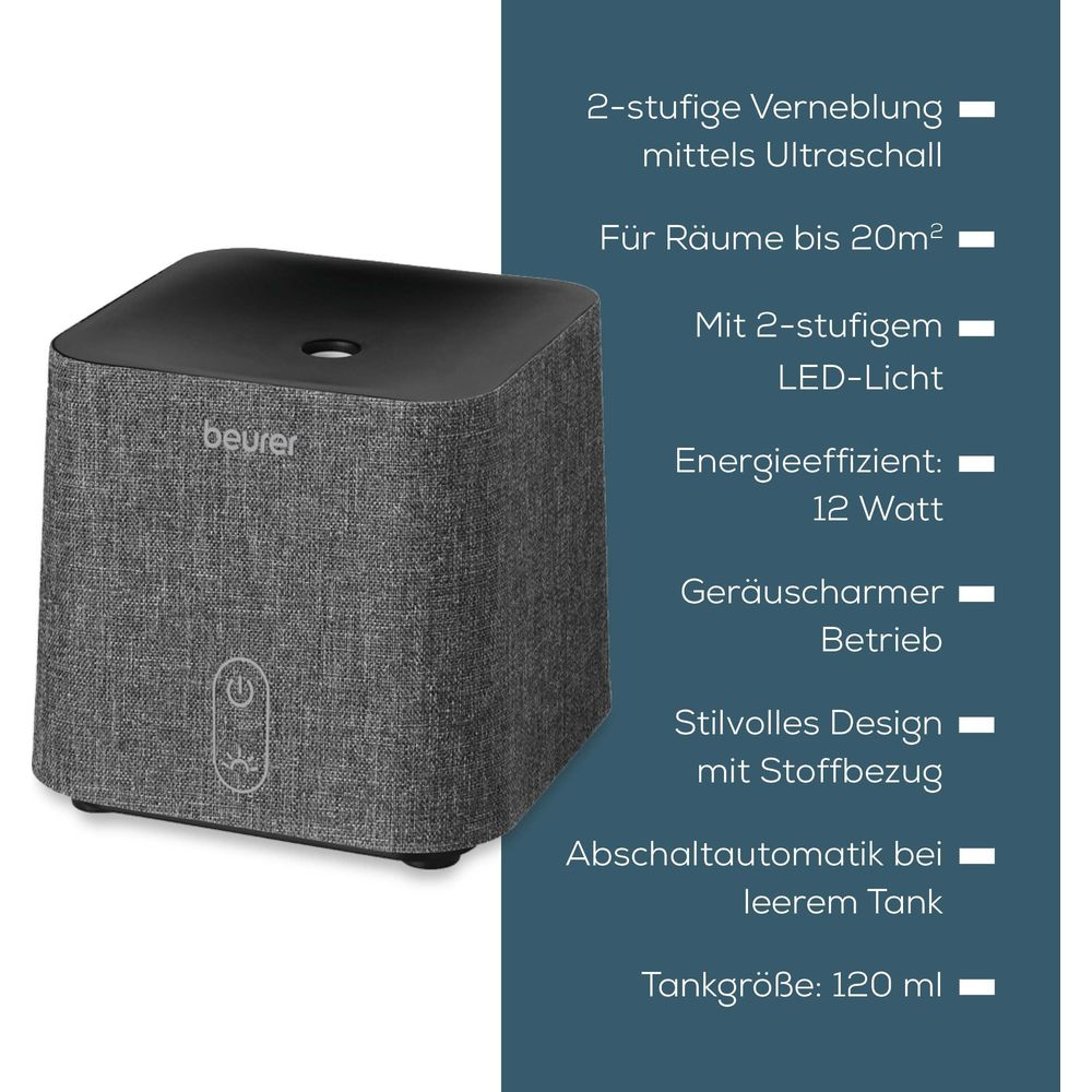 Grijze diffuser met zwart deksel en Beurer logo. Technische specificaties ernaast.