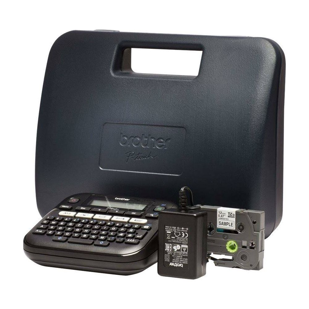 Etichettatrice nera con alimentatore e cartuccia nastro in custodia nera.