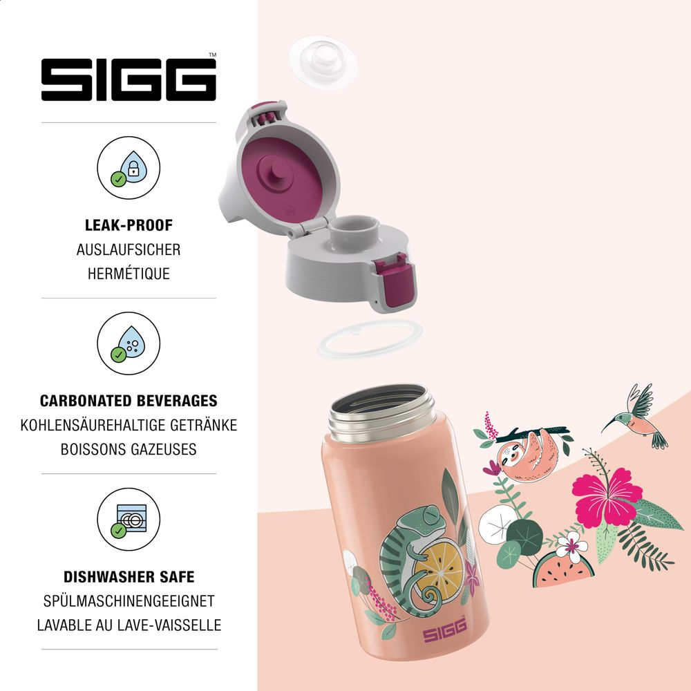Eine SIGG-Flasche mit Deckel, die Merkmale wie Auslaufsicherheit zeigt.